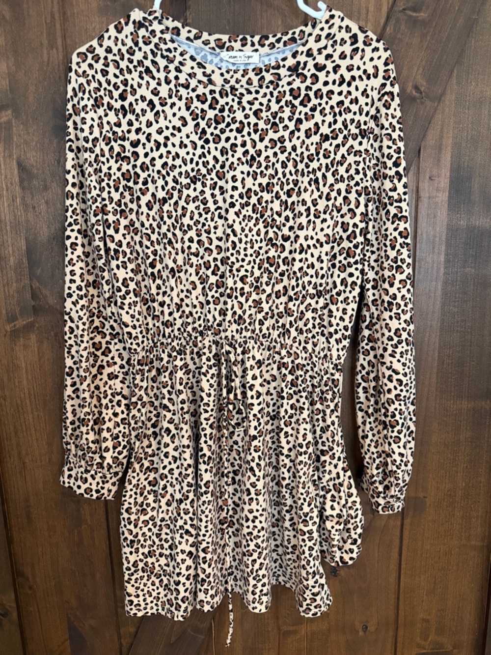 Leopard Print Long Sleeve Drawstring Dress - Taupe/Black
